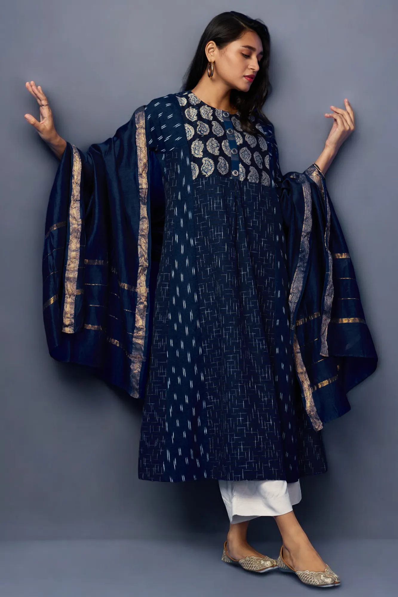 a-line kalidar kurta - Sapphire Night & Silver Blooms