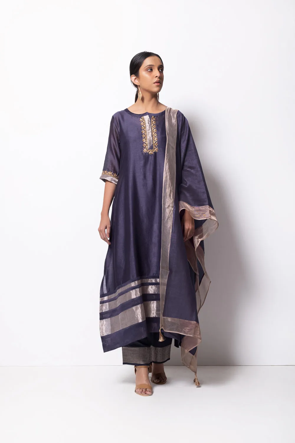 A-Line Kurta Full Set - Kurta, Stole, Pants, With Slip