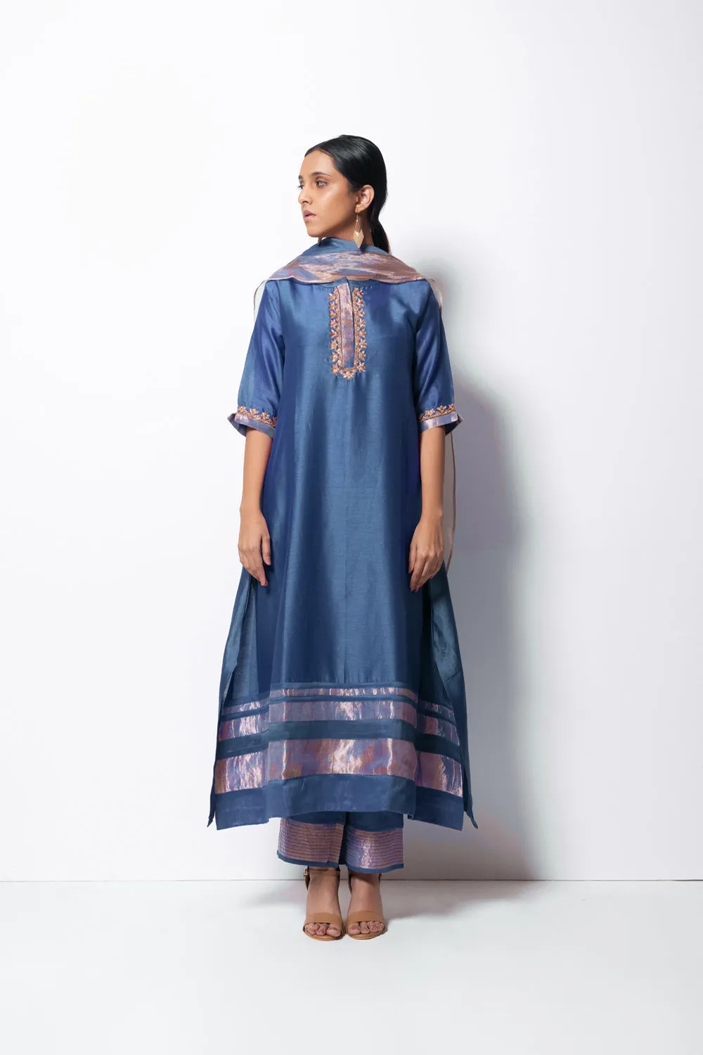 A-Line Kurta Full Set - Kurta, Stole, Pants, With Slip