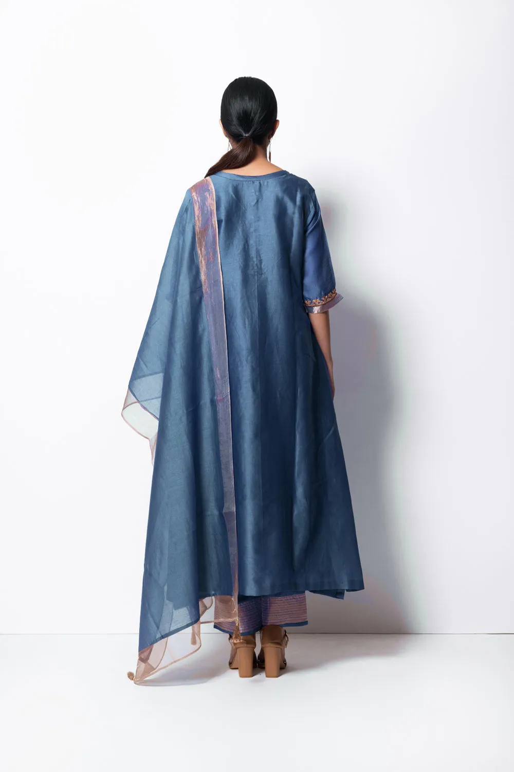A-Line Kurta Full Set - Kurta, Stole, Pants, With Slip