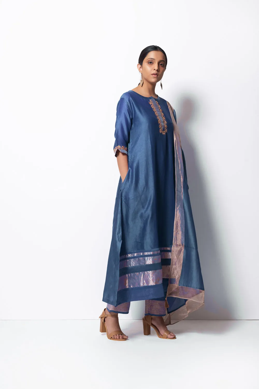A-Line Kurta Full Set - Kurta, Stole, Pants, With Slip