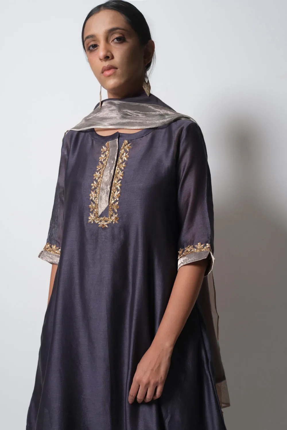 A-Line Kurta Full Set - Kurta, Stole, Pants, With Slip