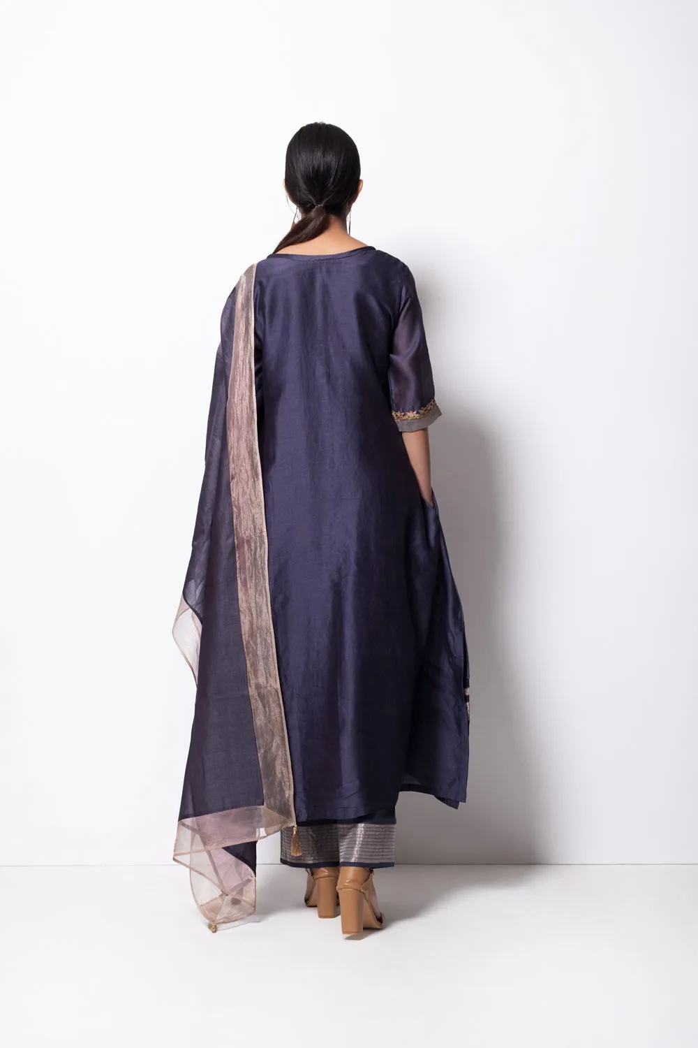A-Line Kurta Full Set - Kurta, Stole, Pants, With Slip