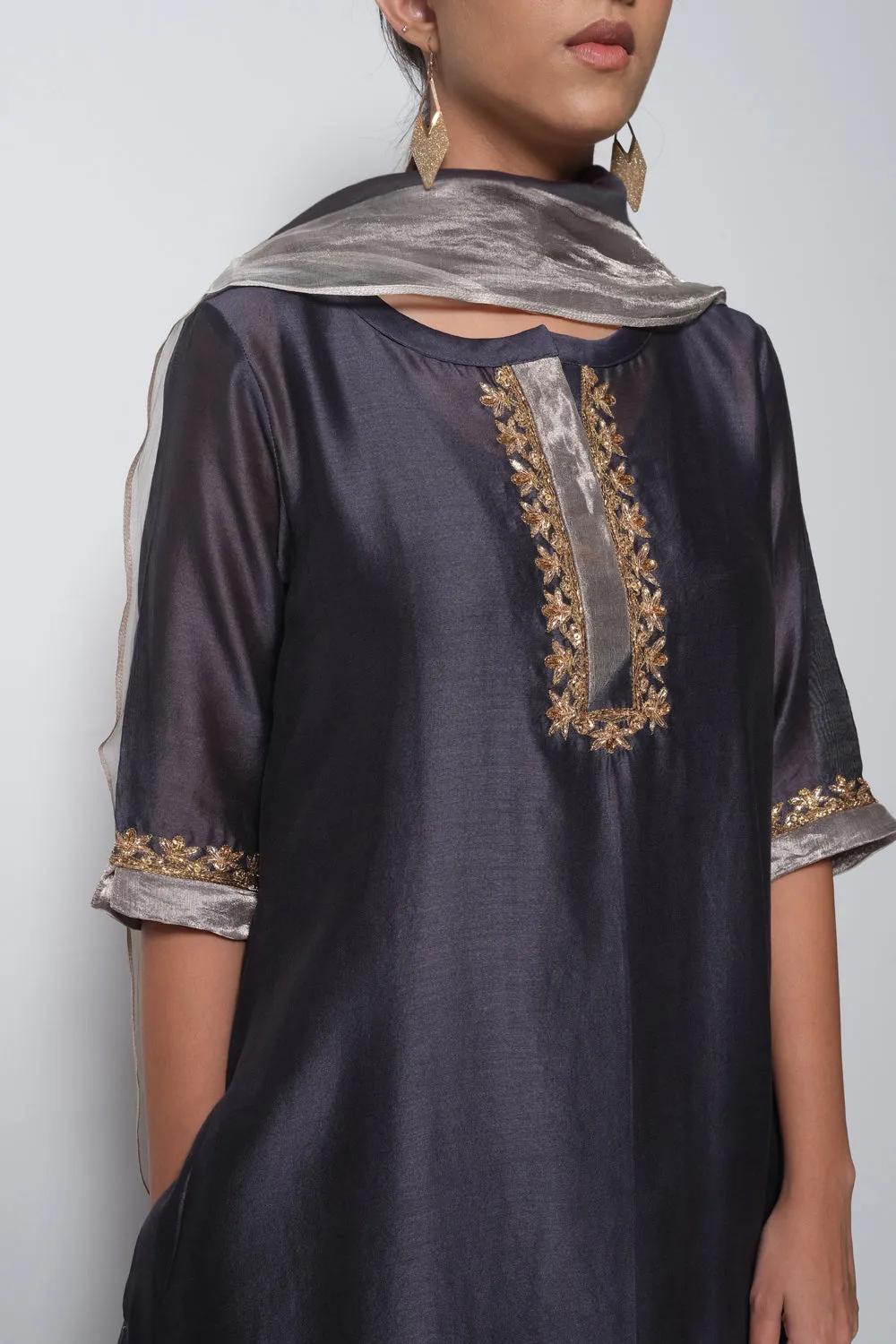 A-Line Kurta Full Set - Kurta, Stole, Pants, With Slip