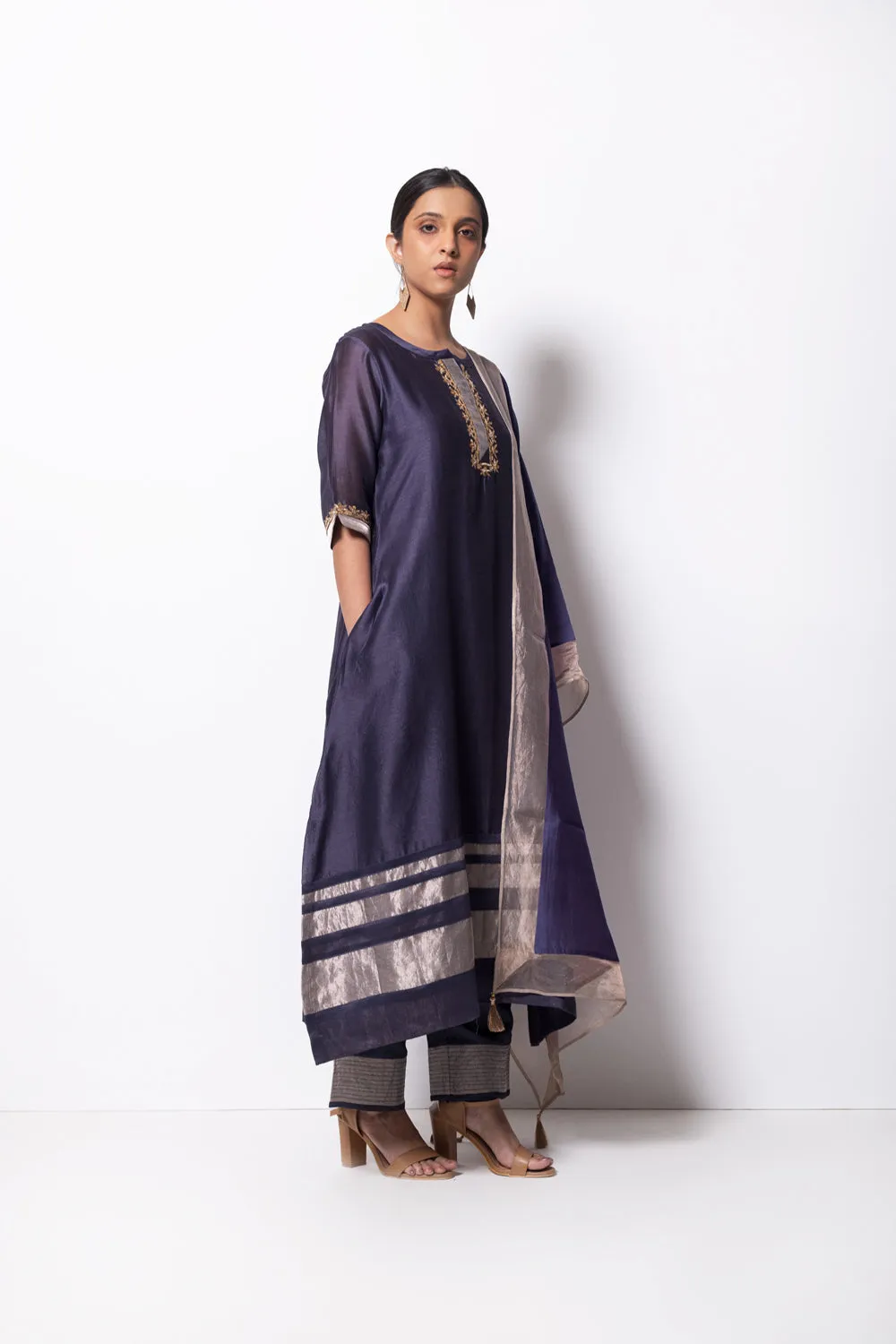 A-Line Kurta Full Set - Kurta, Stole, Pants, With Slip