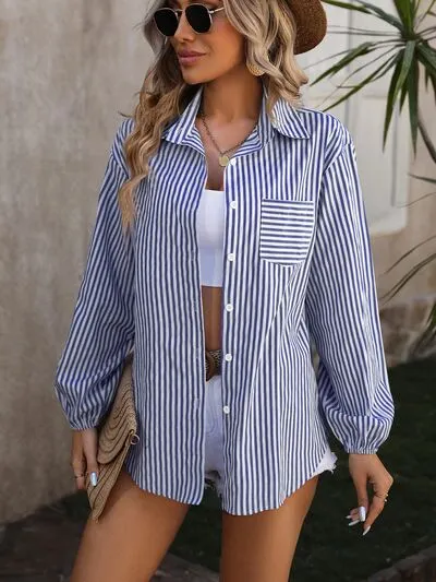 Adira Striped Pocketed Button Up Long Sleeve Shirt