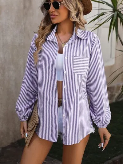 Adira Striped Pocketed Button Up Long Sleeve Shirt