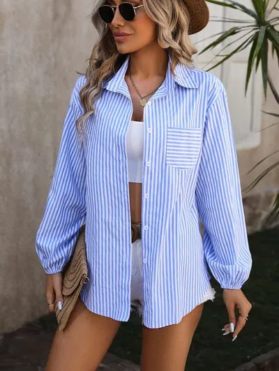 Adira Striped Pocketed Button Up Long Sleeve Shirt