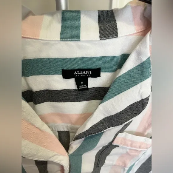 ALFANI Intimates White Striped Short Sleeve &amp; Shirts Pajama Set Size Med…