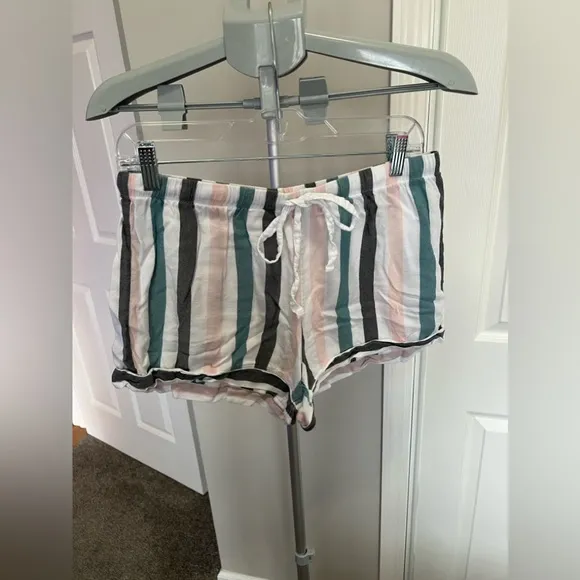 ALFANI Intimates White Striped Short Sleeve &amp; Shirts Pajama Set Size Med…