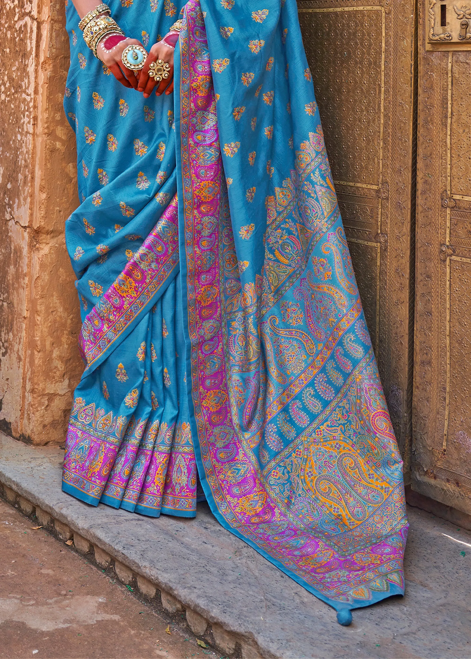 Angel Blue Printed Kashmiri Jamewar Saree