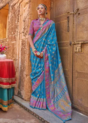 Angel Blue Printed Kashmiri Jamewar Saree