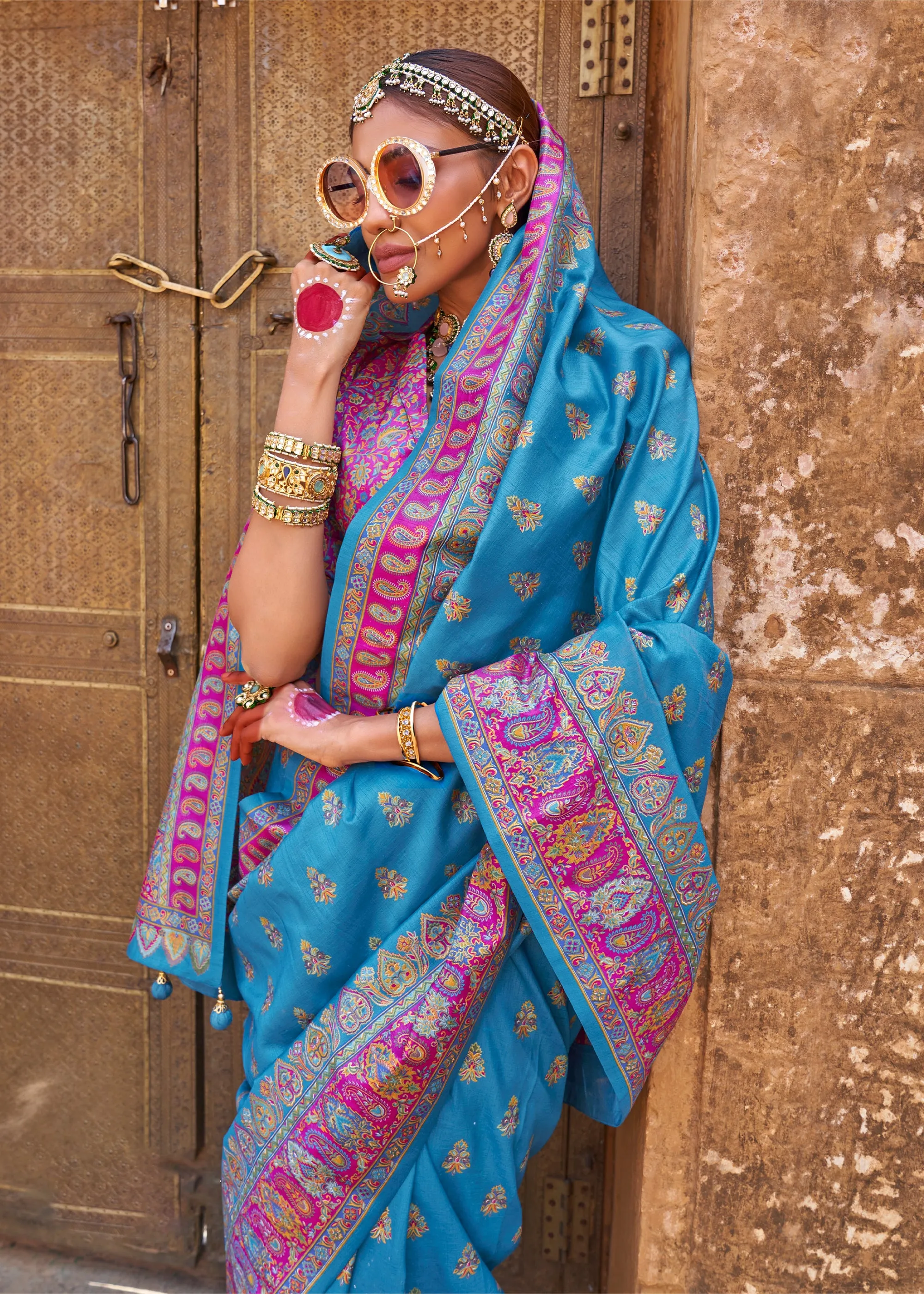 Angel Blue Printed Kashmiri Jamewar Saree