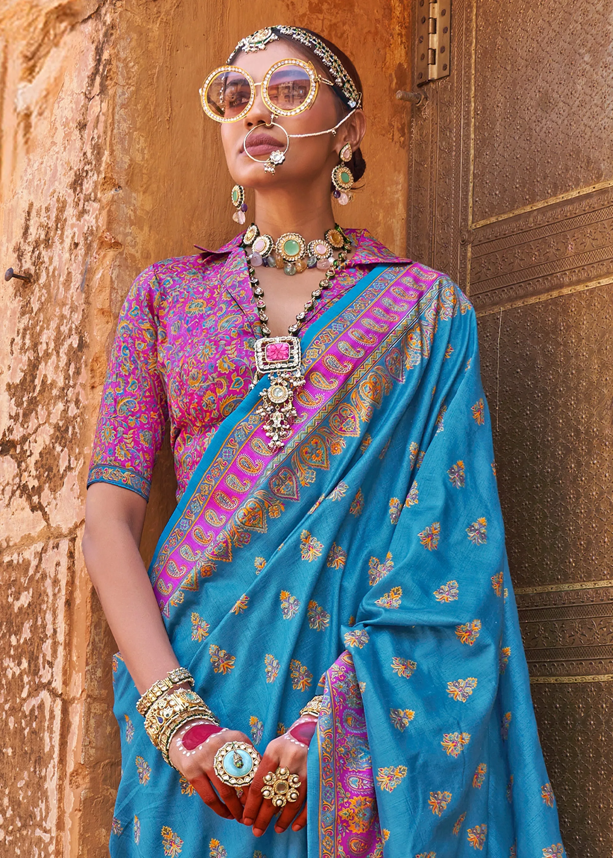 Angel Blue Printed Kashmiri Jamewar Saree