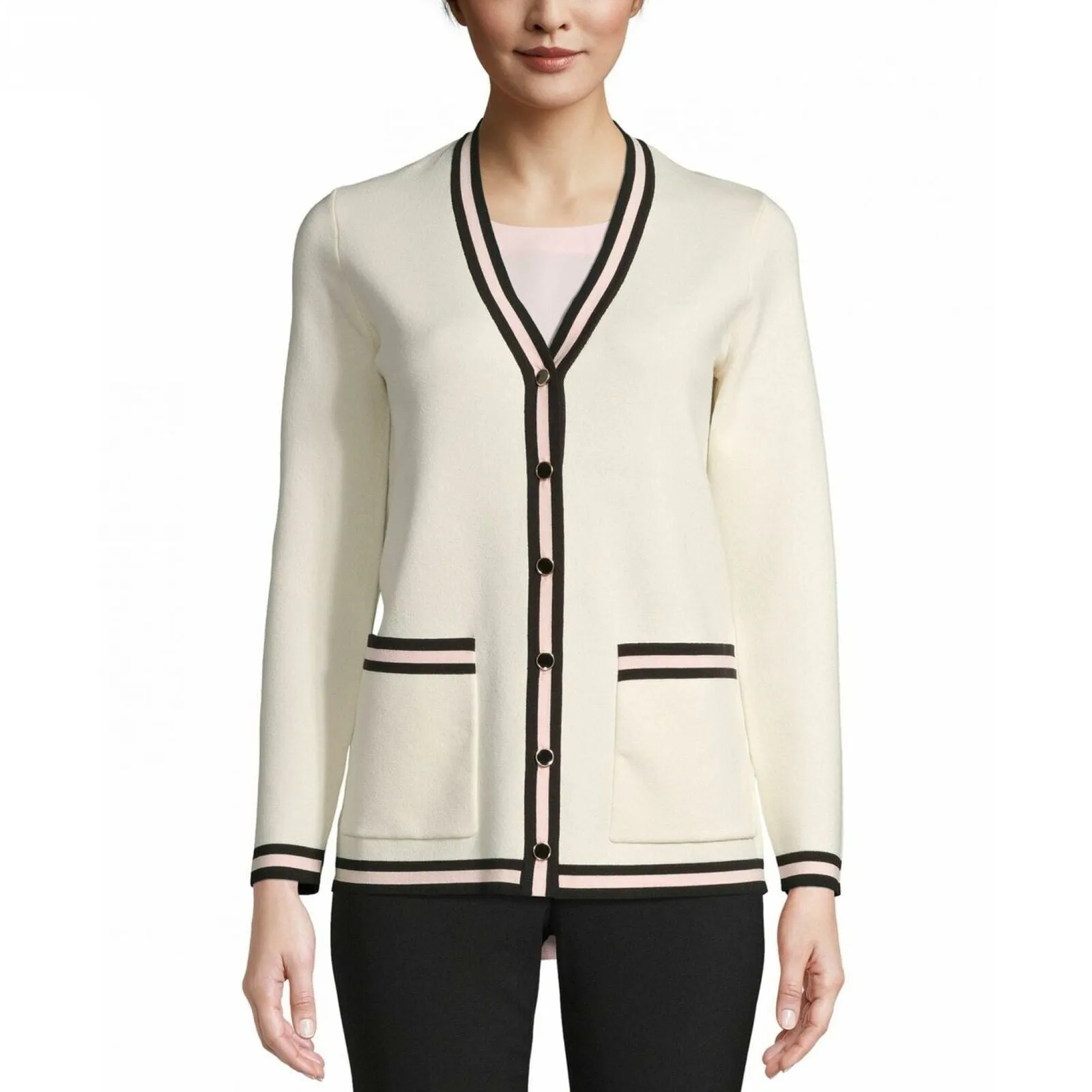Anne Klein Women's Button Front Tipped Sweater Cardigan