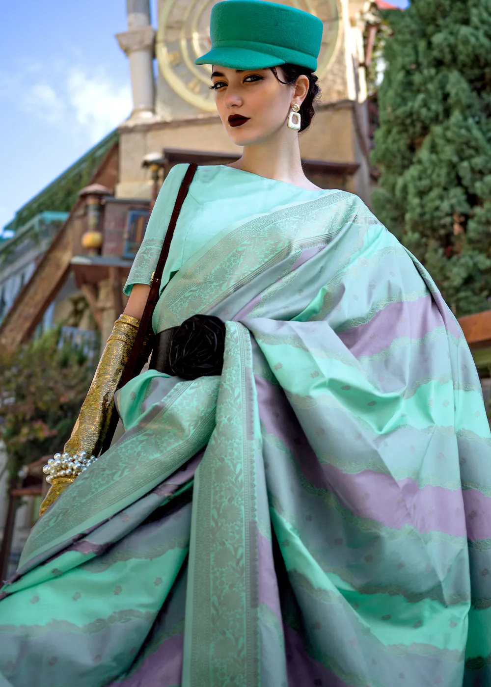 Aquamarine Green Woven Rangkath Soft Silk Saree