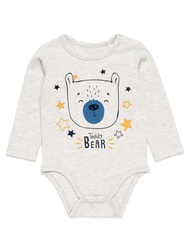 Artie - Light Grey Marl Baby Bodysuit with Teddy Bear Design 0 to 3 months