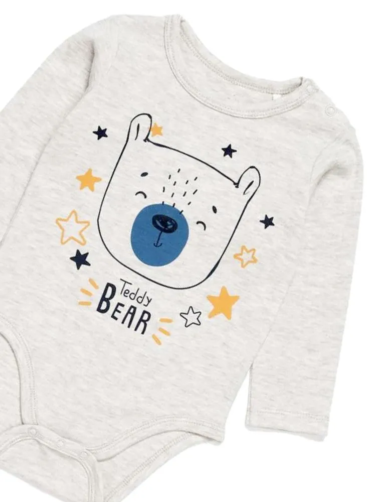 Artie - Light Grey Marl Baby Bodysuit with Teddy Bear Design 0 to 3 months