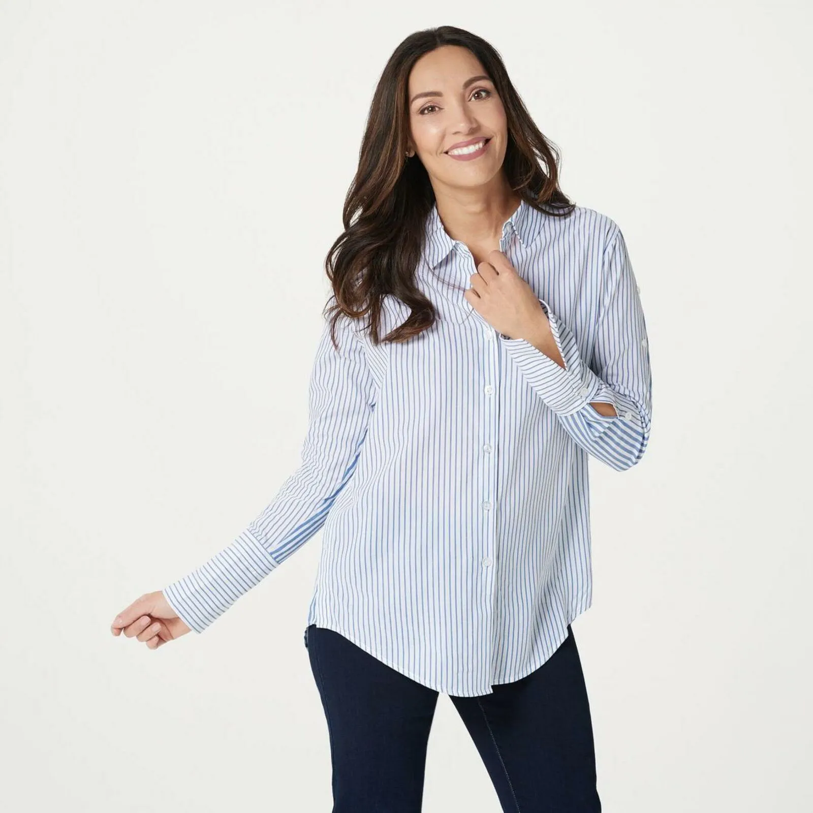 Attitudes by Renee Women's Parisian Button Down Shirt Indigo Stripe 2