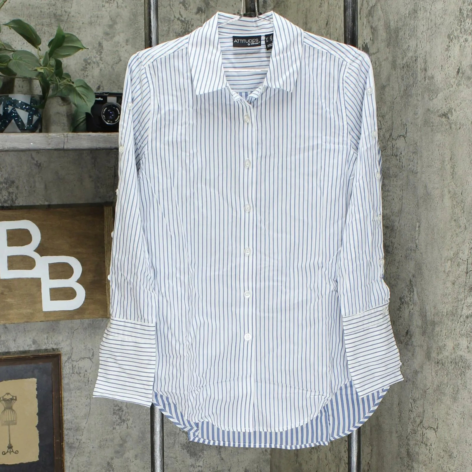 Attitudes by Renee Women's Parisian Button Down Shirt Indigo Stripe 2