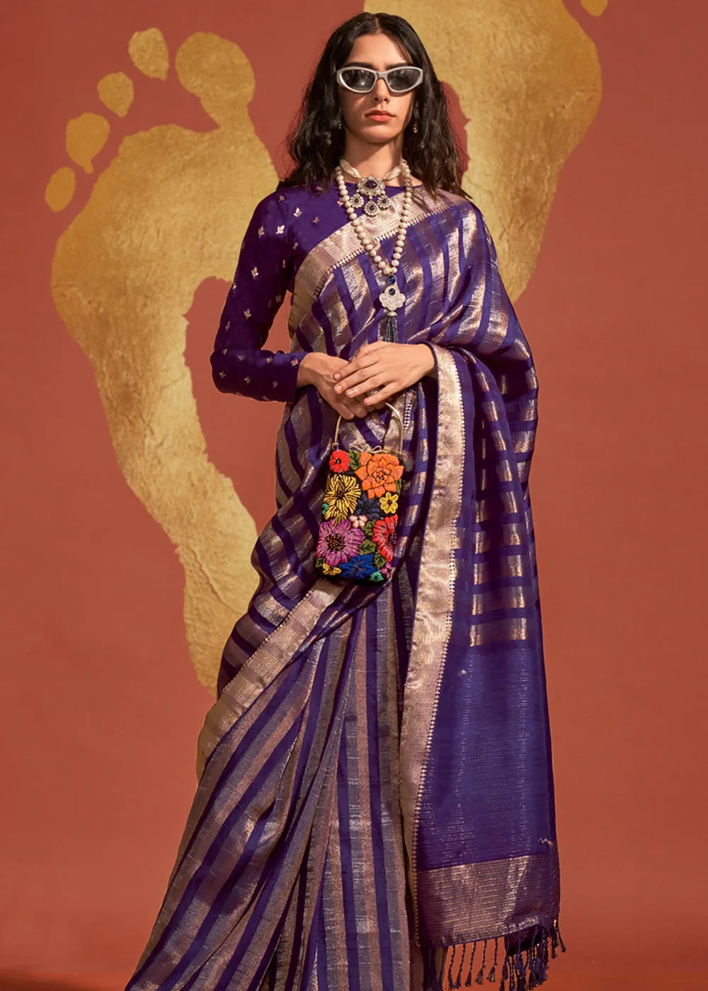 Aubergine Purple And Gold Woven Banarasi Soft Silk Saree