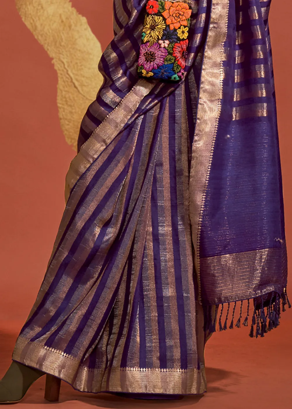 Aubergine Purple And Gold Woven Banarasi Soft Silk Saree