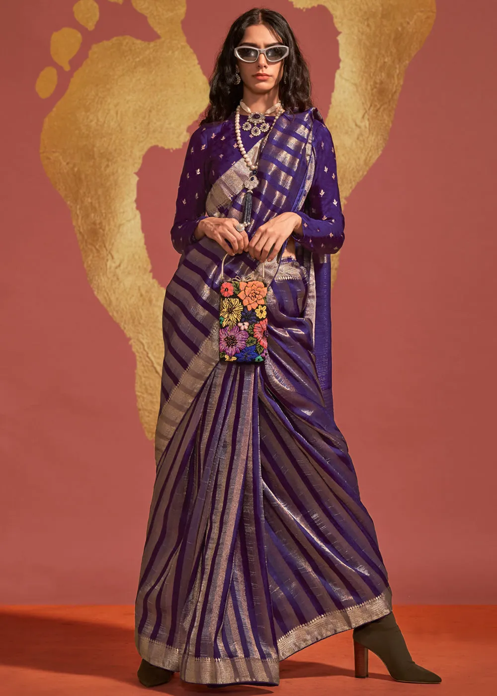 Aubergine Purple And Gold Woven Banarasi Soft Silk Saree