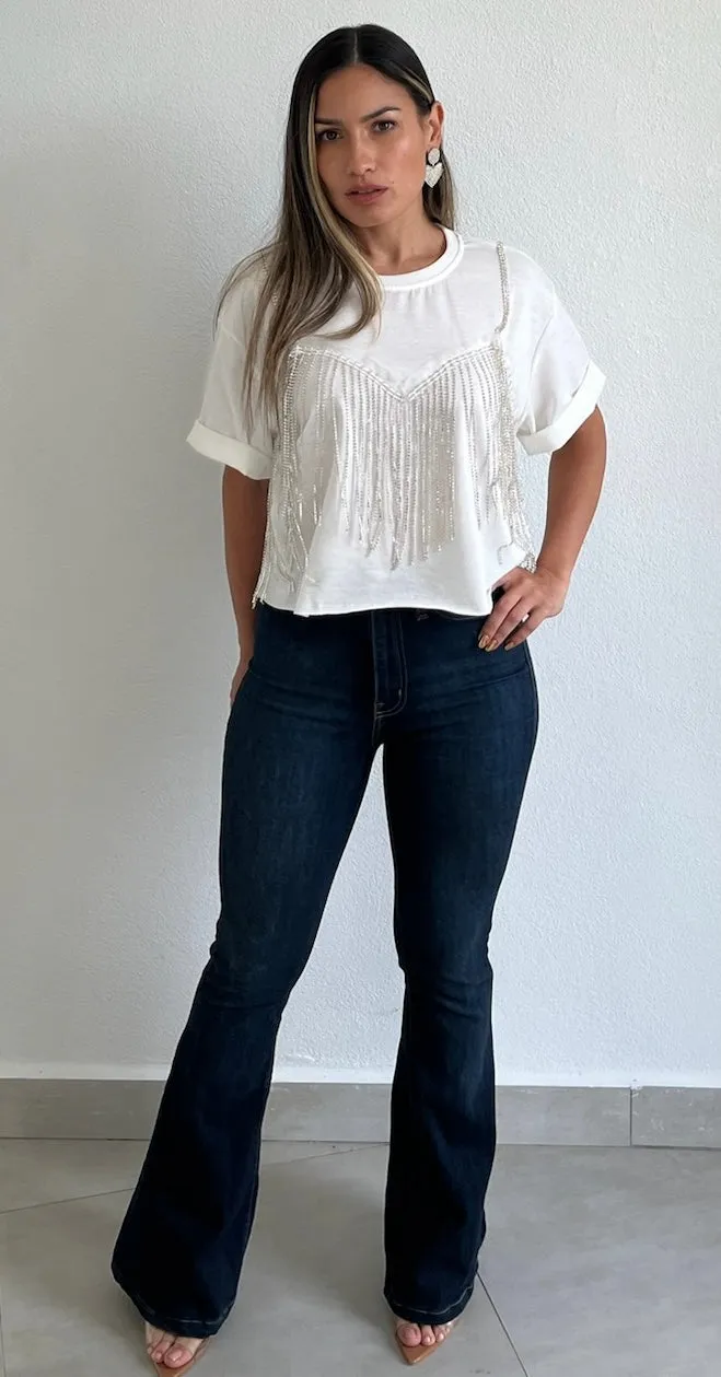 Basic & Sparkling Rhinestones Sleeve Tee