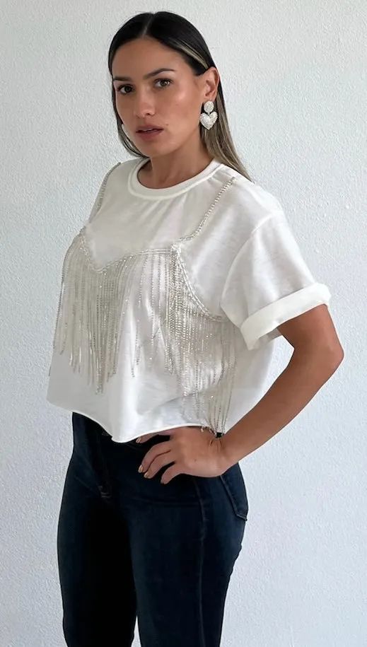 Basic & Sparkling Rhinestones Sleeve Tee