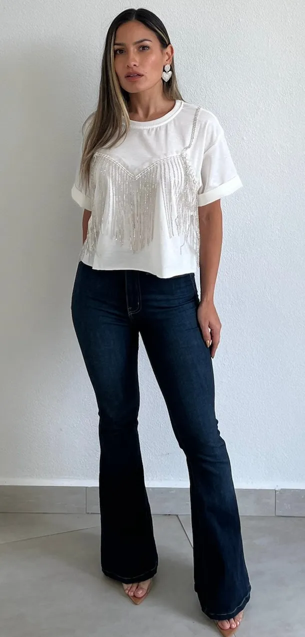 Basic & Sparkling Rhinestones Sleeve Tee