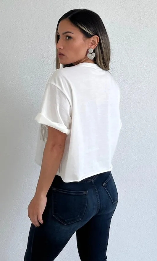 Basic & Sparkling Rhinestones Sleeve Tee