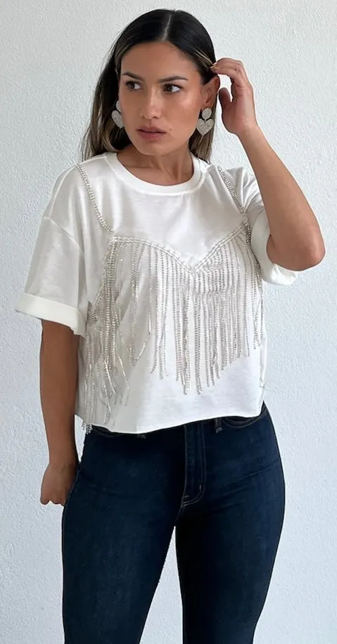 Basic & Sparkling Rhinestones Sleeve Tee