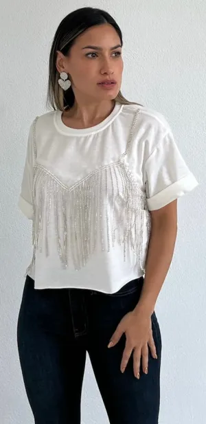 Basic & Sparkling Rhinestones Sleeve Tee