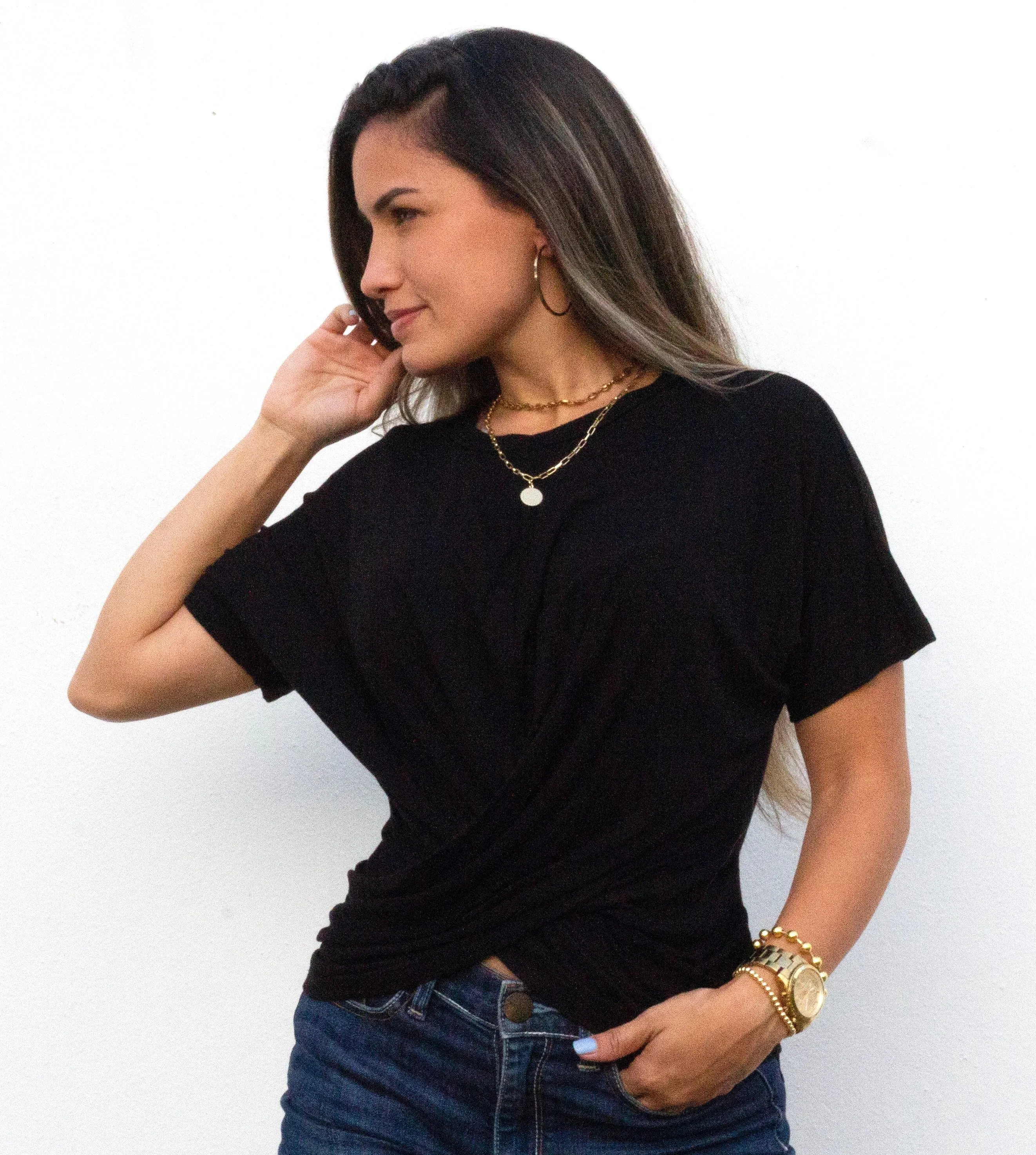 Basic Crossed Knit Black Tee