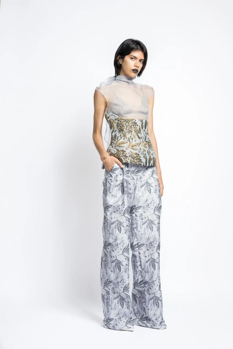 Bay Leaf Jacquard And Organza Top With Bow