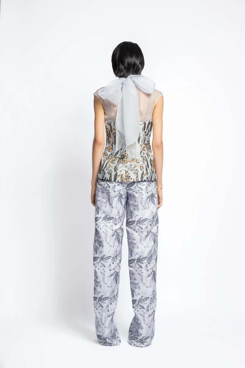 Bay Leaf Jacquard And Organza Top With Bow