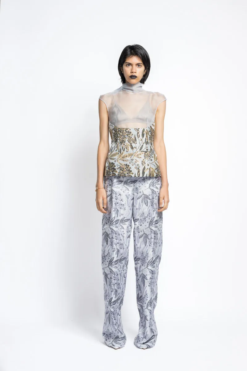 Bay Leaf Jacquard And Organza Top With Bow