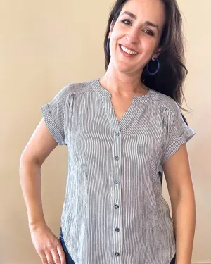 Belinda Short Sleeve Striped Button Up | Navy