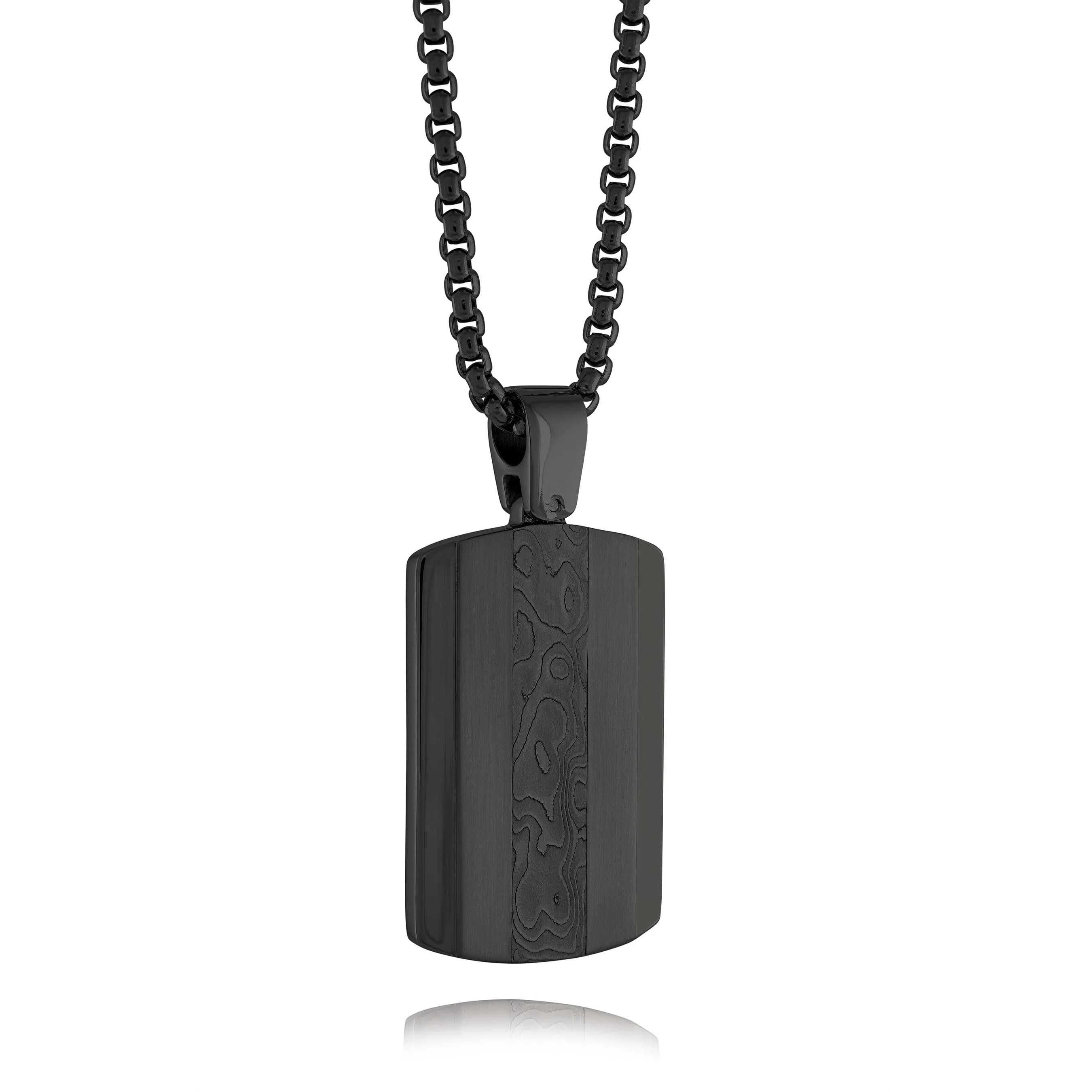 Black Damascus Steel Brush Polish Striped Dogtag Necklace