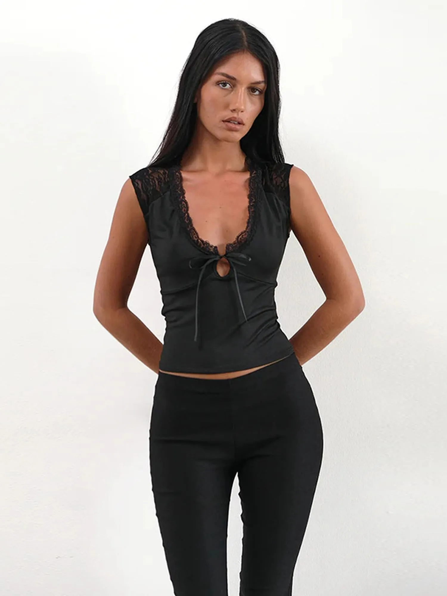 Black Knit Top With Lace Detail