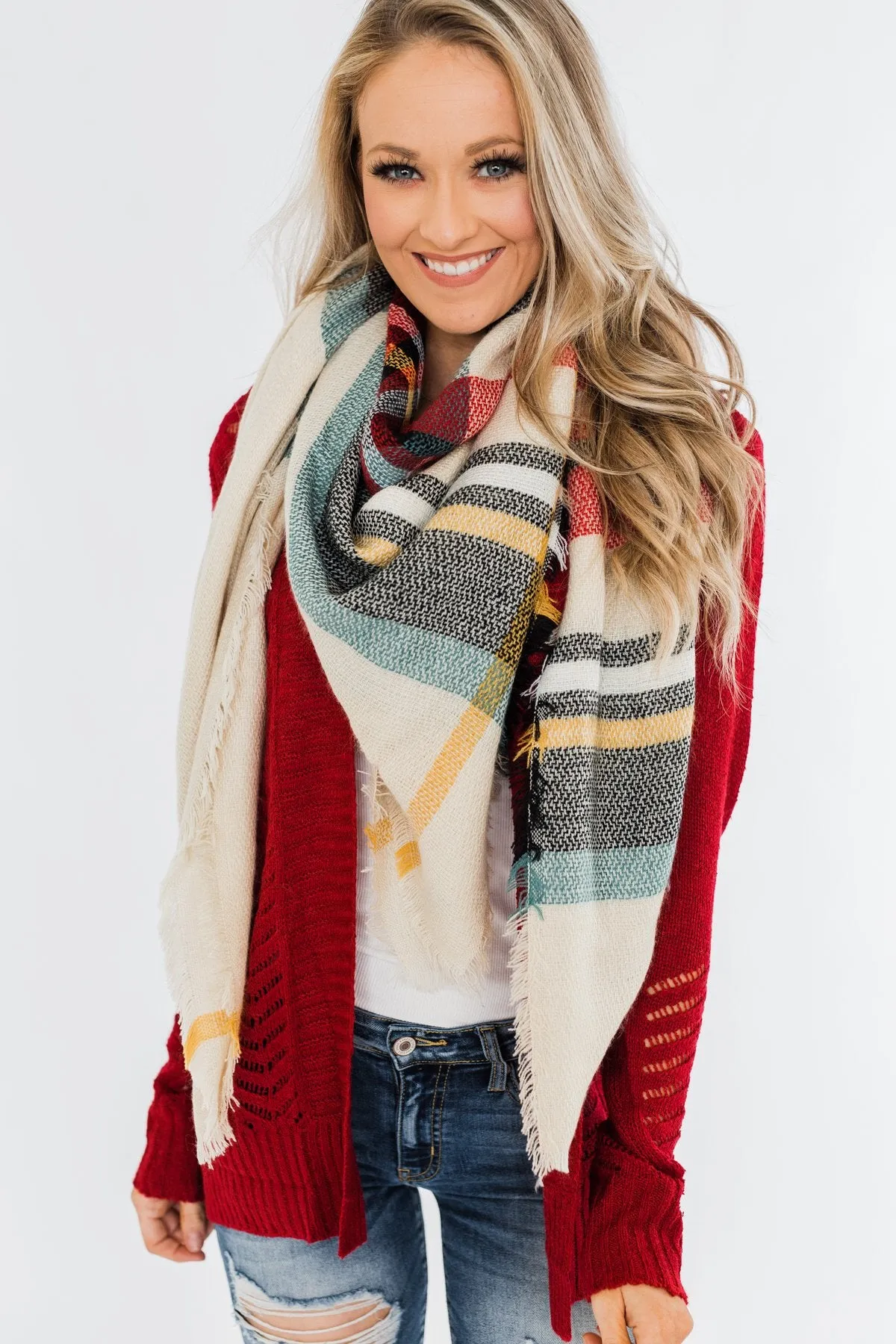 Blanket Scarf- Cream, Green, Mustard, & Red
