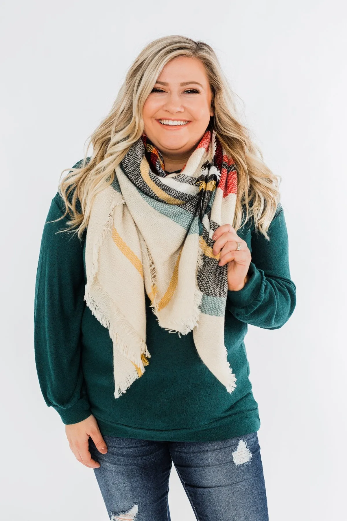 Blanket Scarf- Cream, Green, Mustard, & Red