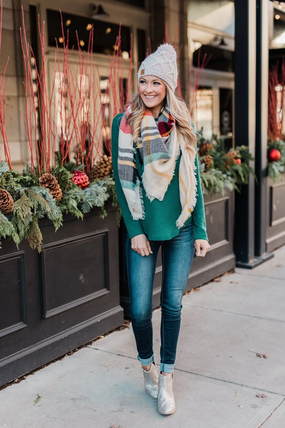 Blanket Scarf- Cream, Green, Mustard, & Red