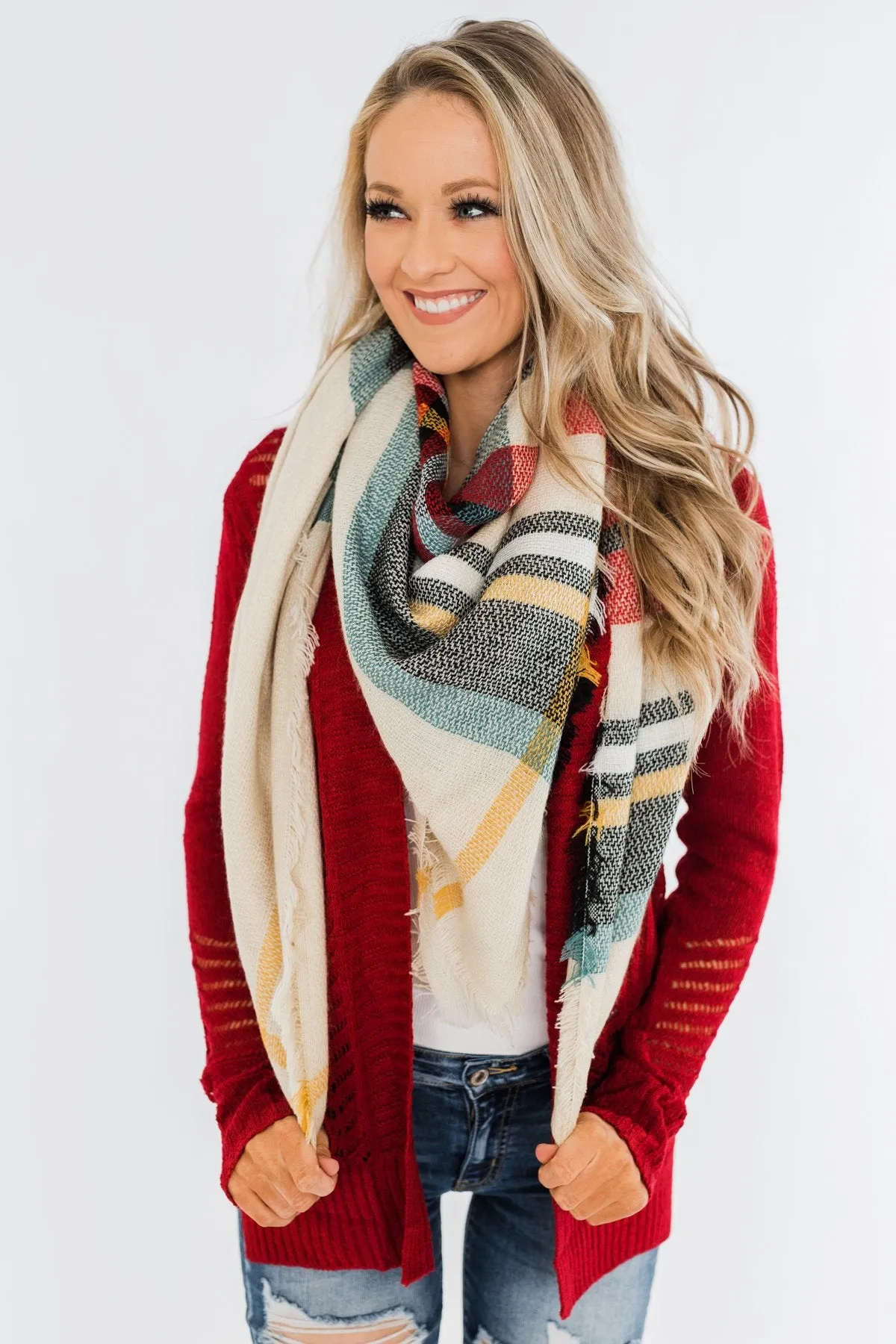 Blanket Scarf- Cream, Green, Mustard, & Red