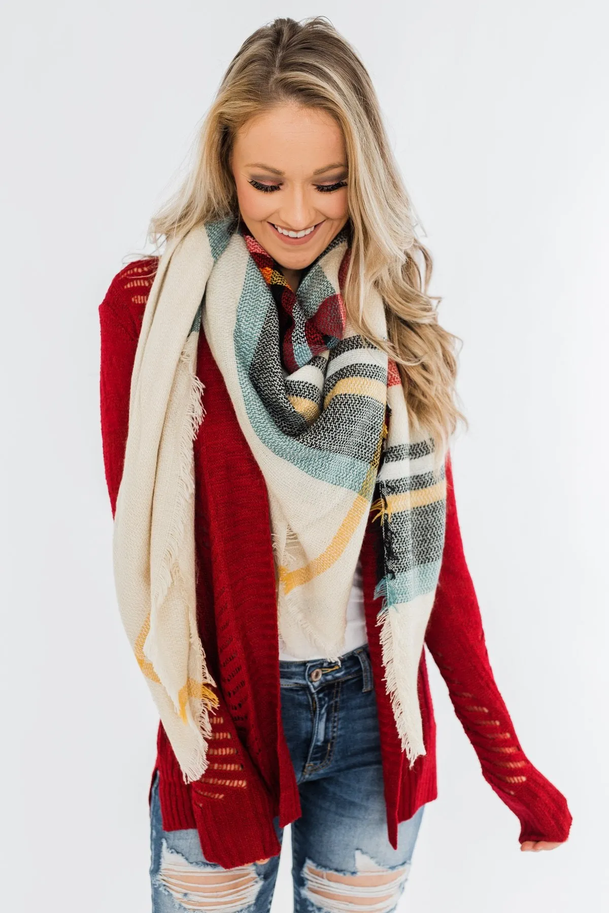 Blanket Scarf- Cream, Green, Mustard, & Red