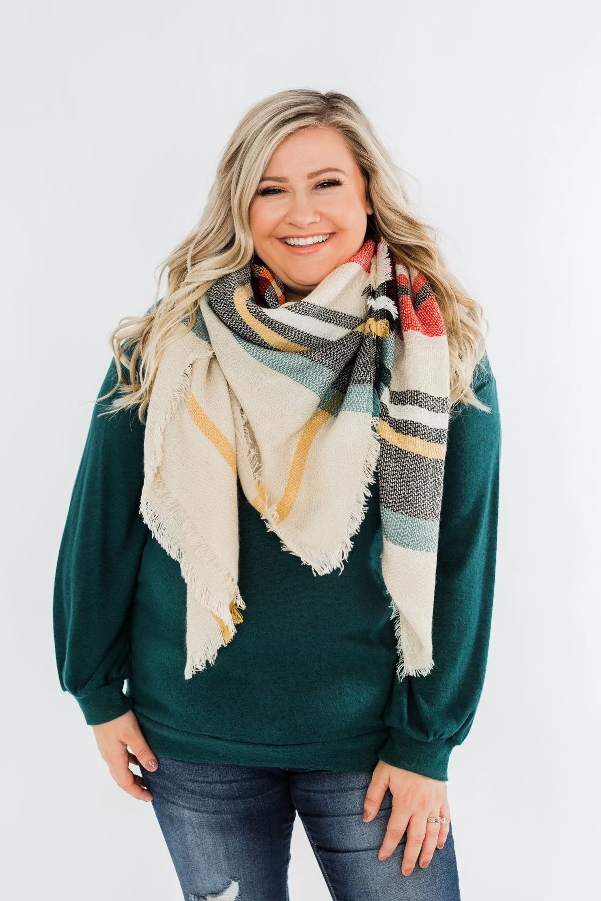 Blanket Scarf- Cream, Green, Mustard, & Red