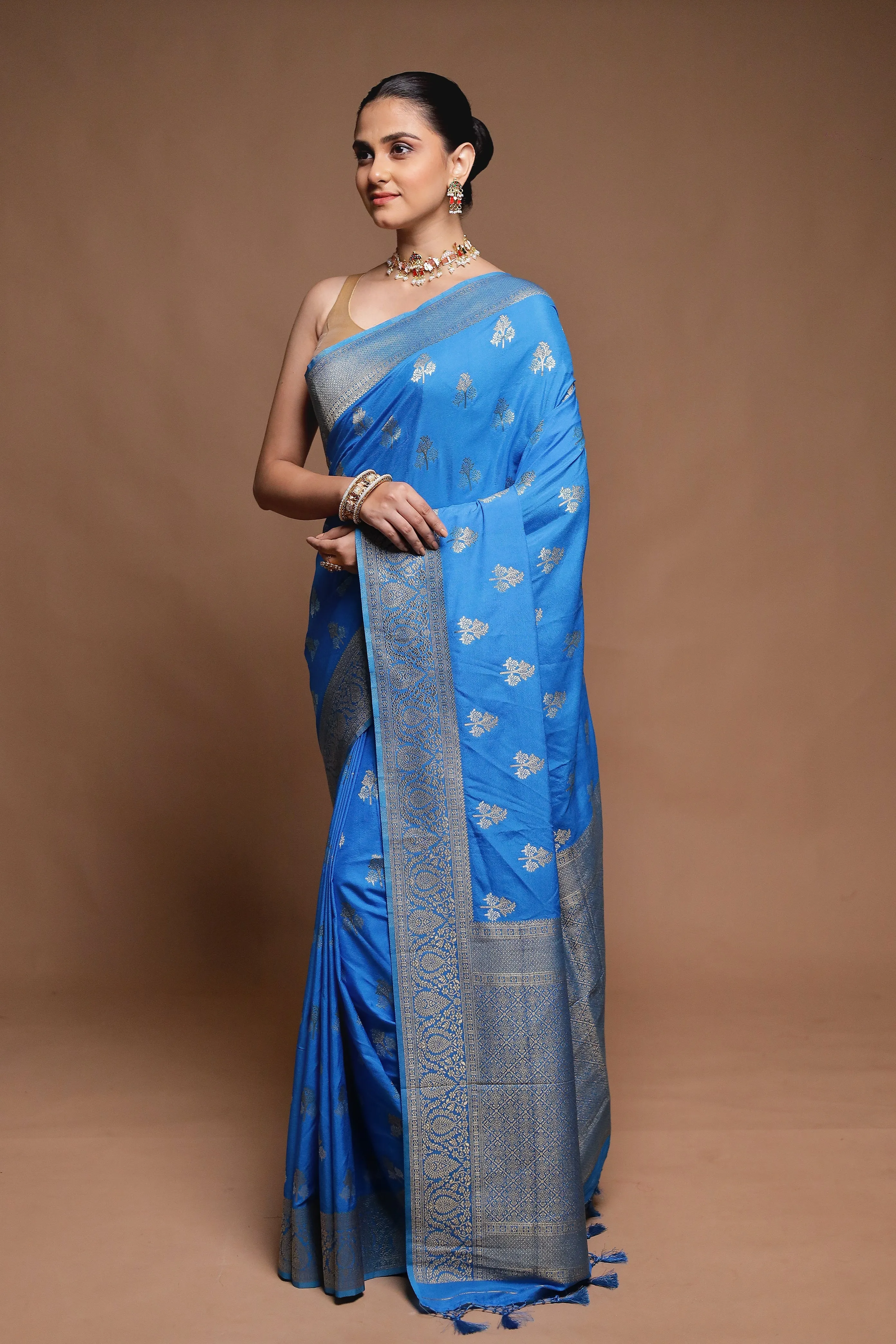 Blue Dupion Silk Saree With Blouse Piece