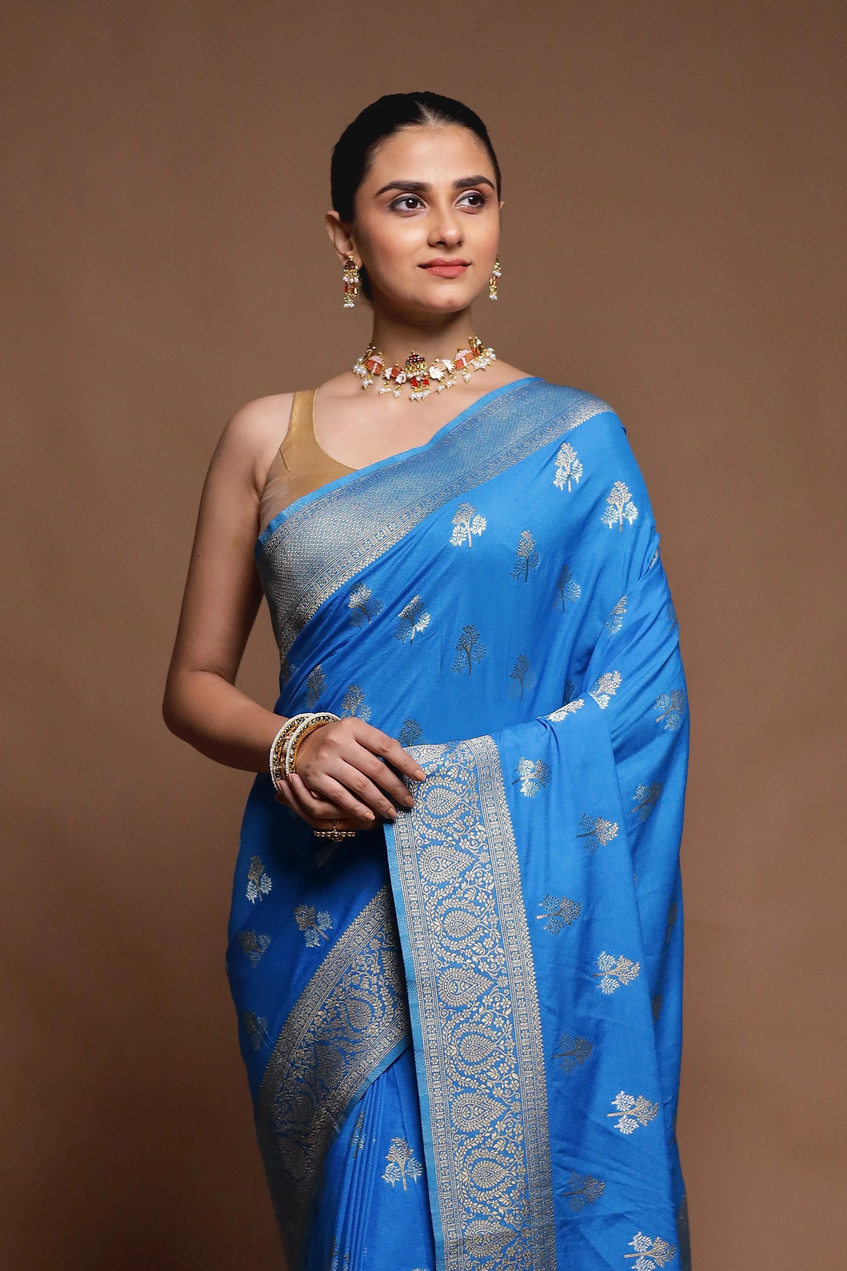 Blue Dupion Silk Saree With Blouse Piece
