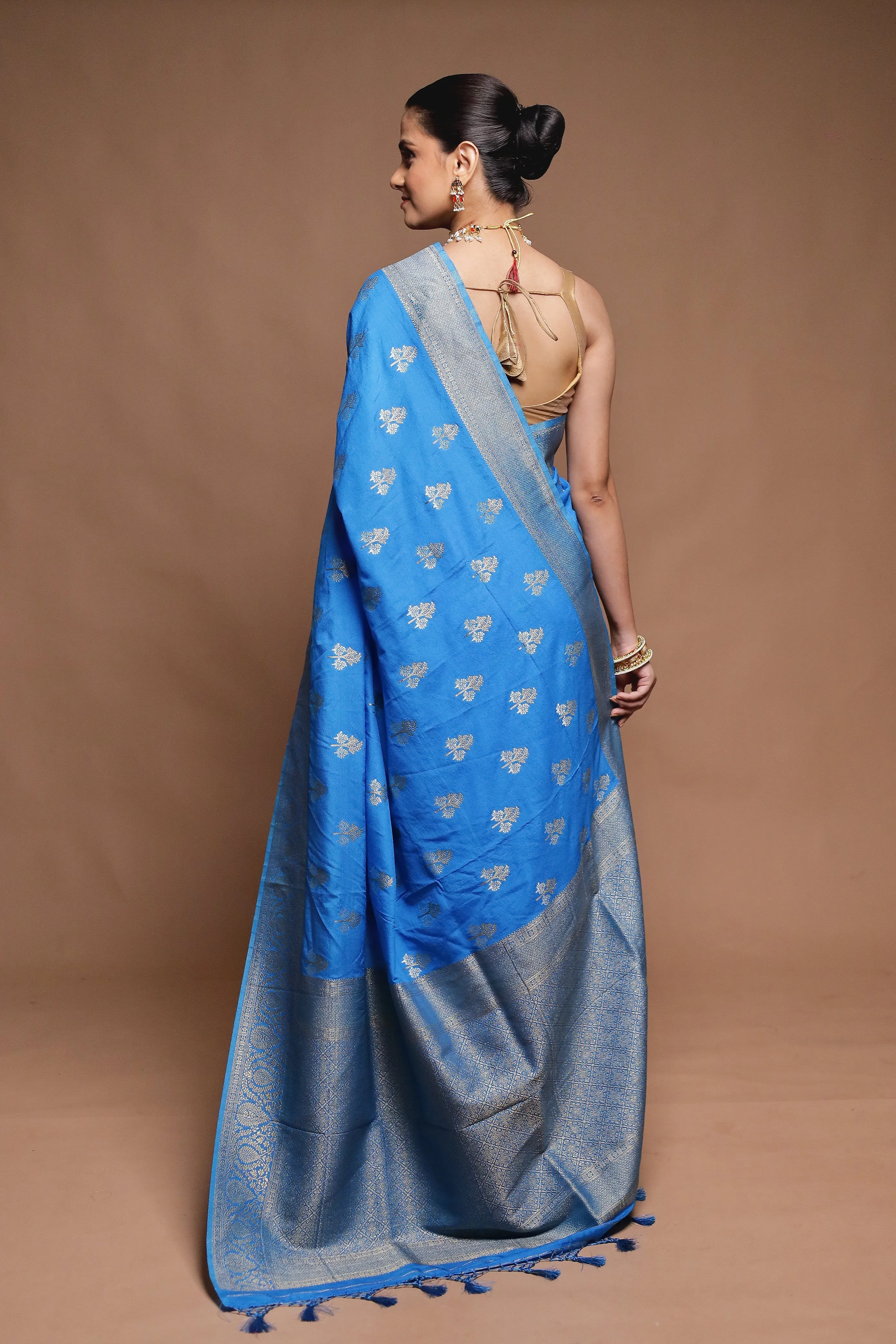 Blue Dupion Silk Saree With Blouse Piece