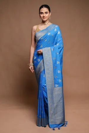 Blue Dupion Silk Saree With Blouse Piece